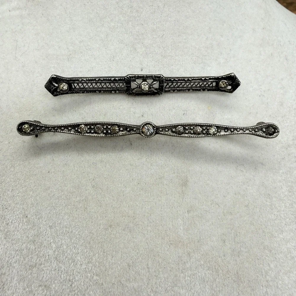 Pair of Antique Sterling Silver Filigree Bar Pin Brooches Art Deco Edwardian Pin